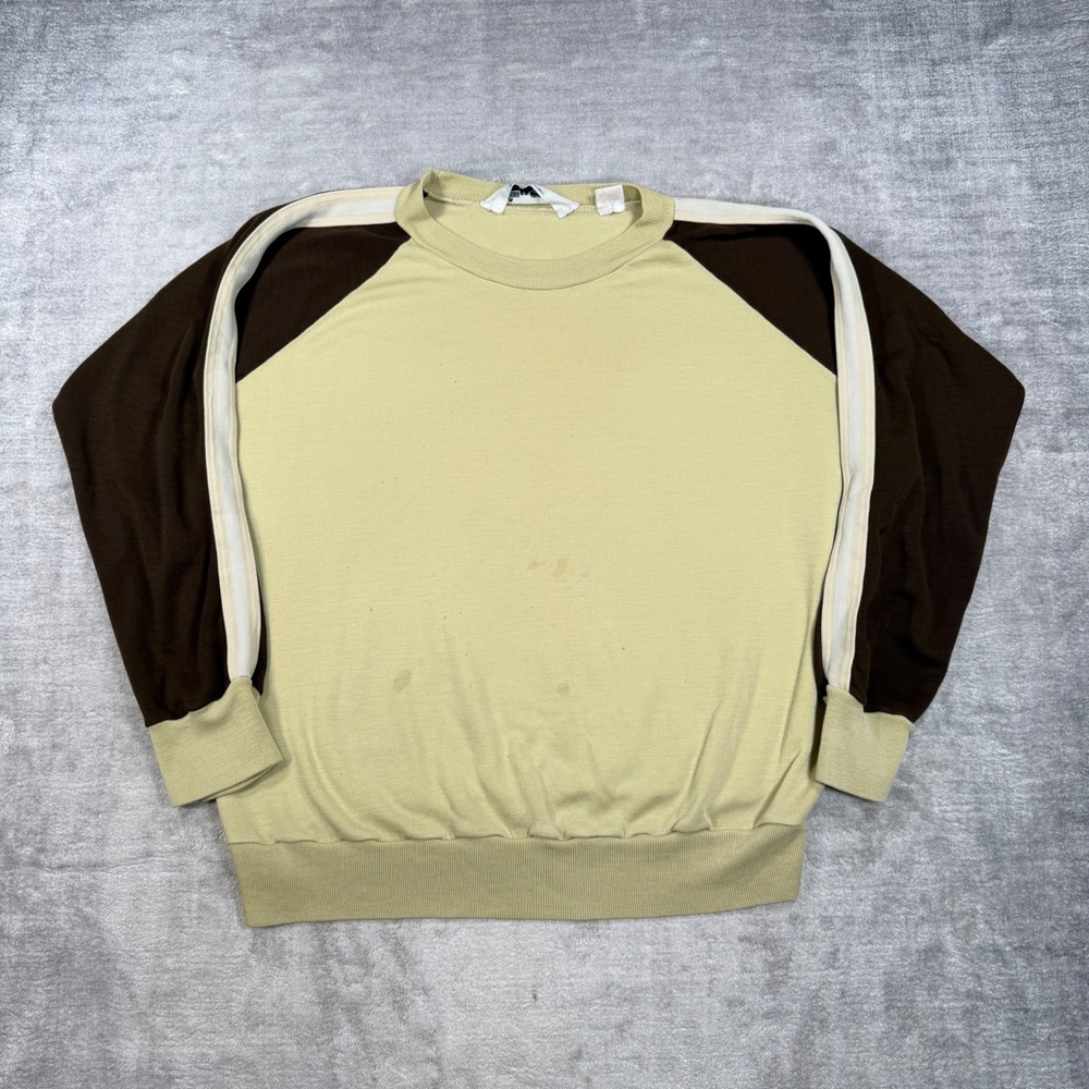 Kmart Sweater Mens Large Tan Brown Color Block Vintage 1970s Acrylic Crewneck